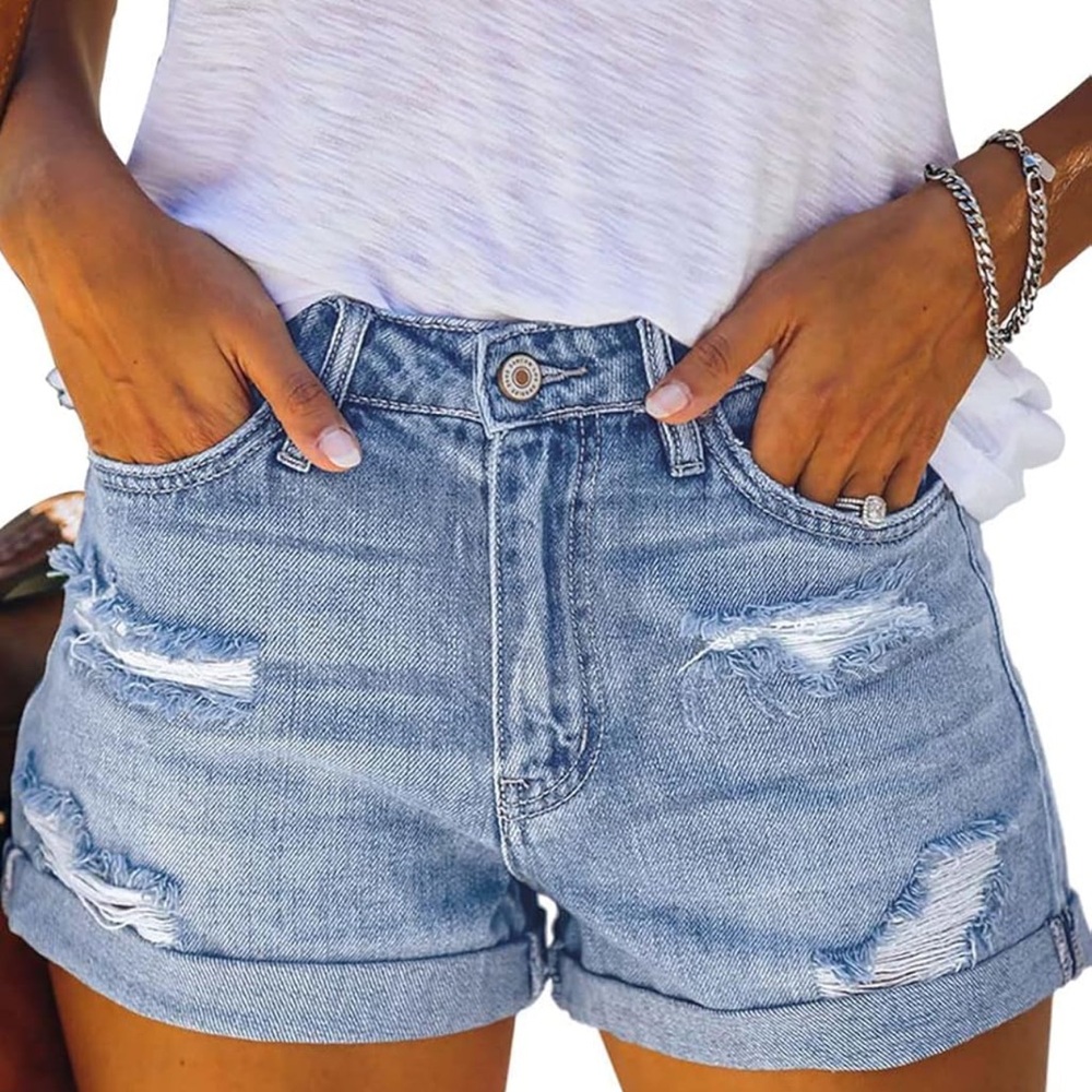 Women’s Casual High Waisted Ripped Denim Shorts Folded Hem Stretch Jean Shorts